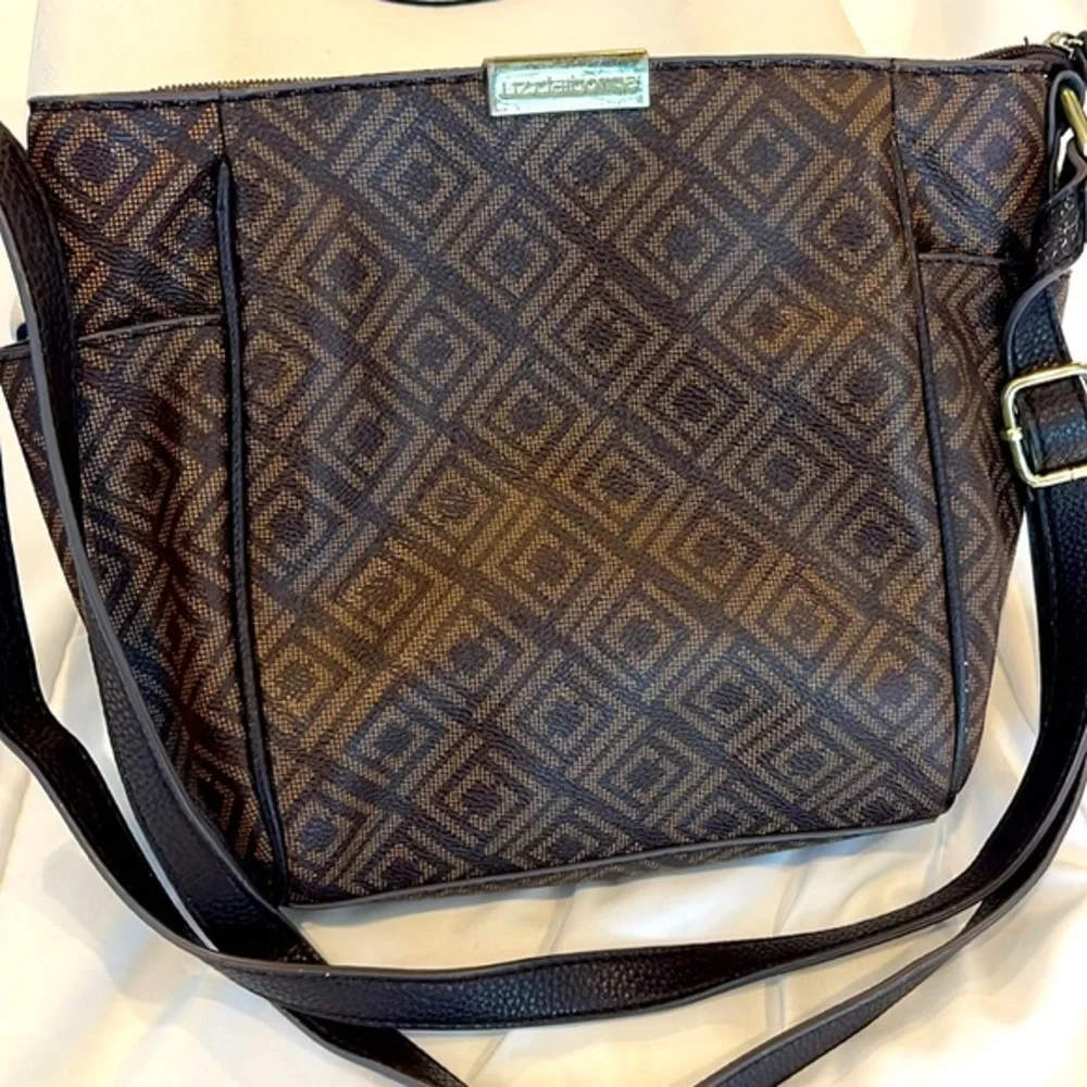 Liz Claiborne Crossbody Purse Brown Faux Leather Shoulder Carry Bag Diamond!